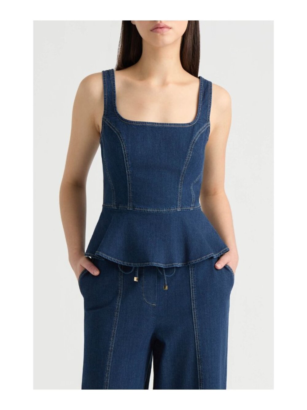 NWT NVLT Peplum Stretch Cotton Denim Top Dark Denim Size S